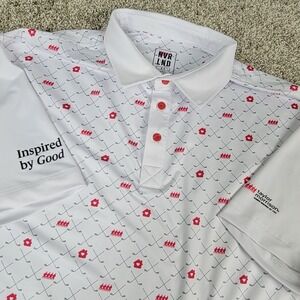 NVR LND Mens Large White AOP Golf Clubs Performance Stretch Polo Short Sleeve